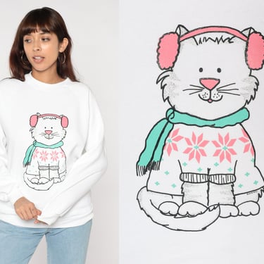 Winter Cat Sweatshirt 90s Front Back Print Shirt Cute Kitty Graphic Animal Sweater Kitten Raglan Sleeve White Vintage 1990s Jerzees Large L 