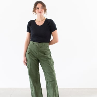 Vintage 31 32 Waist Olive Green Army Cargo Pants | Unisex Utility Fatigues Military Trouser | Zipper Fly | F474 