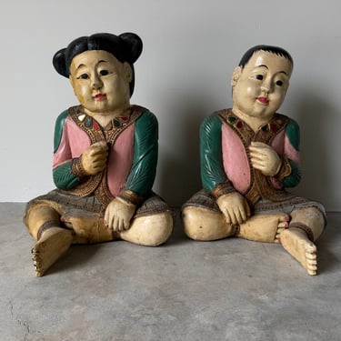 Vintage Asian Hand Carved Wood  And Painted Seated Children Sculptures - A Pair 