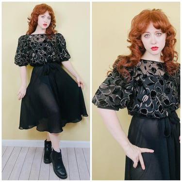 1980s Vintage Velvet Burnout Black Tulip Dress / 80s Sheer Chiffon Skirt Puffed Sleeve Dress / Size Large 