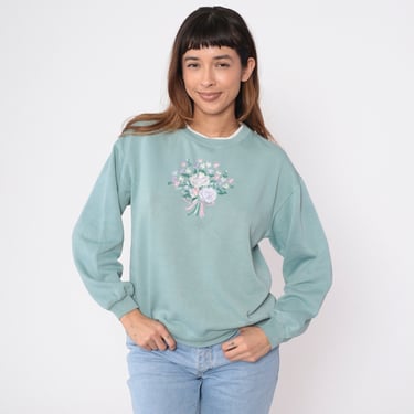 90s Floral Sweatshirt Seafoam Green Pastel Embroidered Flower Sweater Double Collar Crewneck Pullover Girly Slouchy Vintage 1990s Medium 