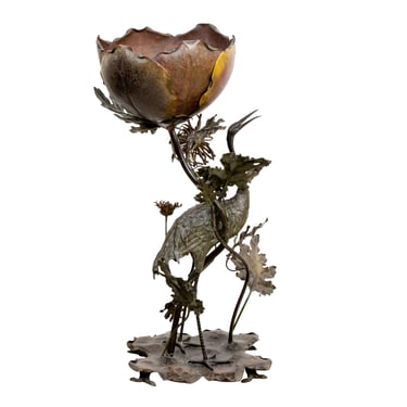 Japanese Art Nouveau Cold Painted Bronze Crane with Mums and Lilly Pad Flower
