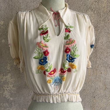 Vintage 1930s Hungarian Silk Peasant Blouse Embroidery Flowers Dress Shirt Top