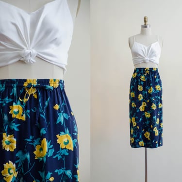 navy blue floral midi skirt | 90s plus size yellow poppy floral rayon vintage skirt 