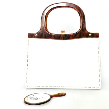 Vintage 60s/70s White Patent Leather Handbag with Lucite Handles by Widegate 