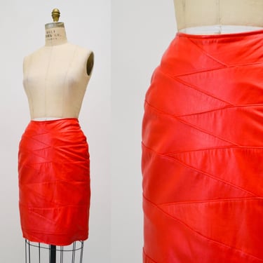 Vintage Red Leather Skirt Size Small Medium // 80s Vintage Leather Skirt Red Patchwork Red Leather Skirt By Erez 