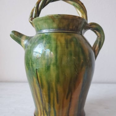 Vintage French Provincial Vallauris FPP Signed Polychrome Glazed Pottery Water Jug Wine Pitcher with Two Braided Handles 