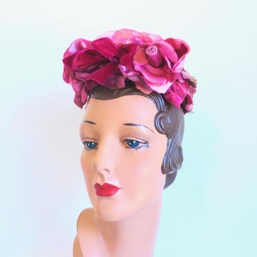 1950's 60's Magenta Pink Silk Velvet Rose and Petals Floral Fascinator Hat 50's Spring Summer Millinery Bridal Wedding Hats 