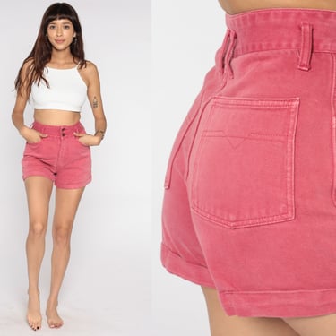 80s Jean Shorts -- Red Cuffed Denim Shorts Mom Shorts Faded Red 90s Shorts High Waisted Pink 1980s Summer Festival Vintage Cotton Small 4/5 