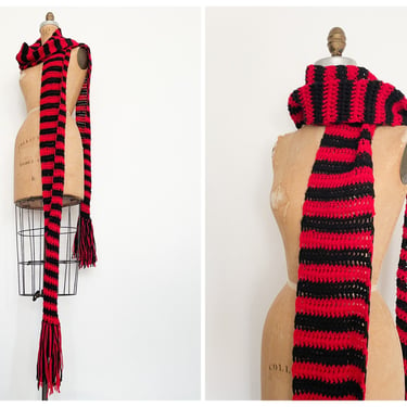 Vintage handmade 1970’s crochet scarf, super long | black & red stripe scarf, granny crochet, hippie 