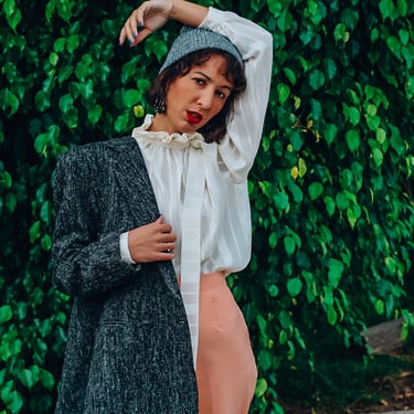 Vintage 70s 80s Tweed Wool Double Breasted Suit Blazer with Wide Wide Lapel;  80s Oversized Black Based Fall Blazer Jacket 38R 