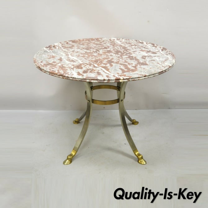 Italian Neoclassical Brass Hoof Foot 32" Round Rouge Marble Top Center Table