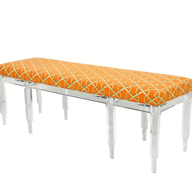 #1028 Lucite 8 Leg Bench Upholstered in Silk Jacquard Lelievre Fabric