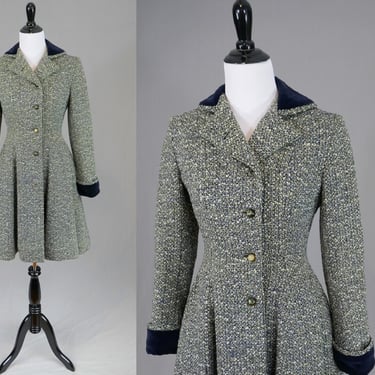 50s 60s Princess Coat - Blue Velvet Collar Cuffs Black White Wool - Saks Fifth Avenue The Young Circle - Vintage 1950s 1960s - XS S 