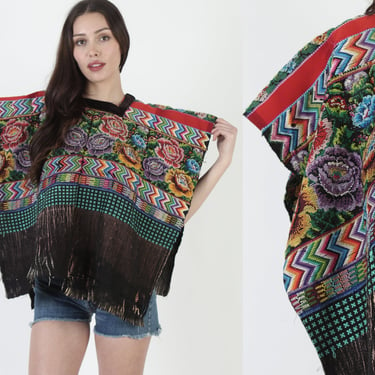 New With Tags Embroidered Huipil Woven Poncho / Ethnic Textile Draped Poncho / Hand Stitched Mayan Caftan Top 