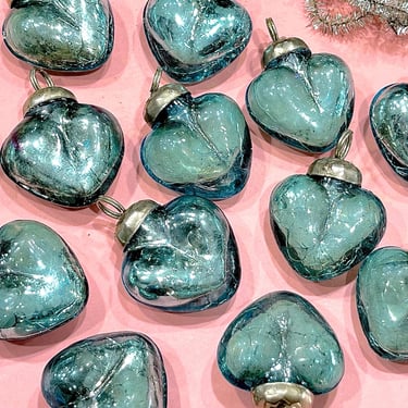 VINTAGE: 5pcs - Small Thick Mercury Crackled Glass Heart Ornaments - Heavy Weight Kugel Style Ornaments - Heart Pendants 