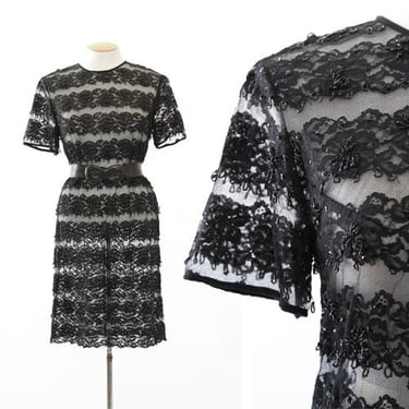 Vintage 60s black lace beaded mini dress 