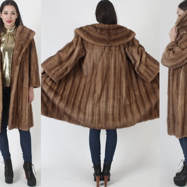 Womens Autumn Haze Mink Coat / Vintage 60s Real Fur Mid Length Jacket / Large Collar Overcoat With Pockets 