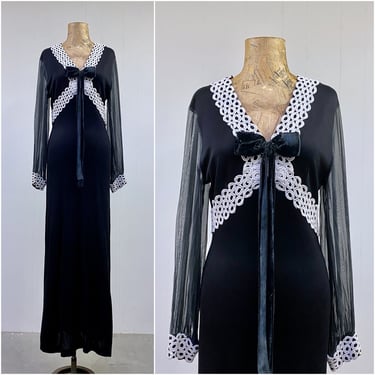 Vintage 1960s Black Empire Waist Maxi w/Guipure Lace, 60s Goth Prom Dress, Polyester Jersey Gown, Small 36" Bust 