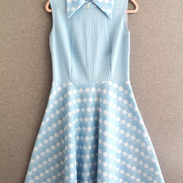 1970s - Back to School - Day Dress - Baby Blue - Plaid/Gingham - Estimated size 12 