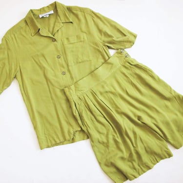 90s Lime Green Co Ord Shirt Shorts Set M - Vintage 1990s Womens Matching Bright Green Button Up Long Elastic Waist Mom Shorts 