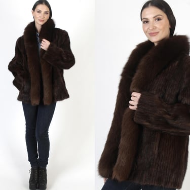 80s Dark Brown Mink Jacket, Mahogany Arctic Fox Fur Coat, Womens Corded Overcoat, Vintage Plus Size 