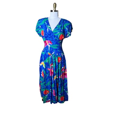 Vintage 80s JS Edward Blue Colorful Tropical Tulip Floral Wrap Midi Dress, 8 