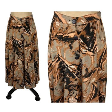 80s Flared Maxi Skirt Medium, Abstract Print Polyester, Earth Tone Flowy Long Skirt - 29