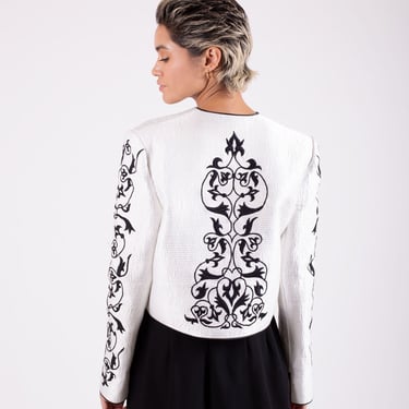 Vintage Mary Mcfadden 1990s Silk Quilted Jacket with Embroidered Tribal Floral Back + Sleeves in White and Black Size S M Bolero 