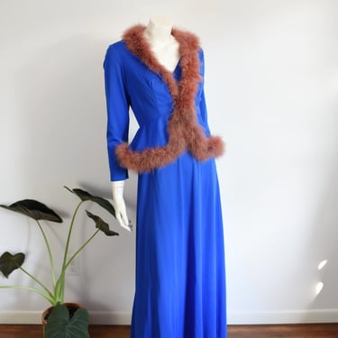 1970s Royal Blue Maxi Dress with Feather Trim Jacket - S 