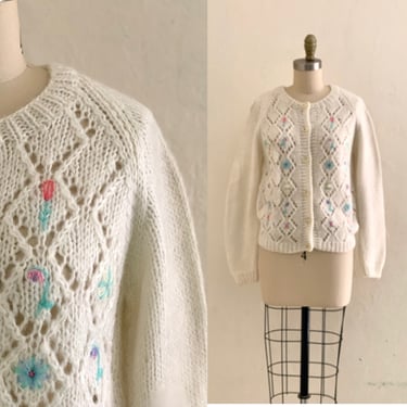 vintage 60's white chunky knit floral cardigan 