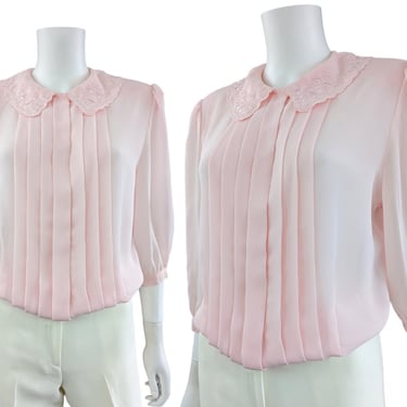 Vintage Pink Pleated Blouse, Medium / Sheer Crepe 1980s Puffy Sleeve Dress Blouse with Embroidered Scallop Edge Collar 