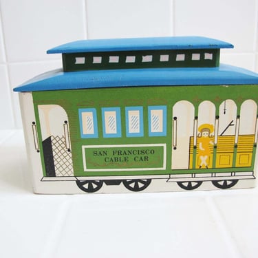 Vintage MCM San Francisco Trolly Cable Car Wood Jewelry Music Box - Powell Market SF Hand Painted Street Car 1968 