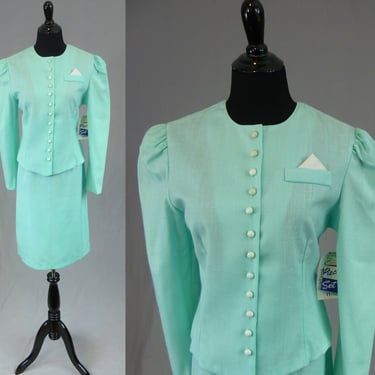 80s Deadstock Skirt Suit - Light Minty Blue - Puff Shoulder - Summer Outfit - Jeri Williams - Vintage 1980s - S 