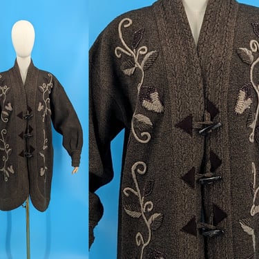 Vintage 80s Brown Oversized Tumi Collection Embroidered and Beaded Cardigan with Toggle Closures - XL 