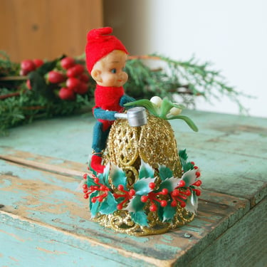 Vintage elf and bell ornament / vintage elf knee hugger ornament / vintage Christmas ornament / vintage pixie ornament  / retro Christmas 
