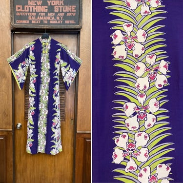 Vintage 1940’s Vertical Floral Tropical Silky Rayon Tiki Pake Muu Batwing Sleeve Hawaiian Dress, Pake Muu, 1940’s Hawaiian Dress, Rayon, 