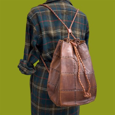 Vintage Backpack Retro 1970s Ellepi + Patchwork + Handmade + Cognac + Leather + Made in Italy + Drawstring + Duffle + Bohemian + Womens Bag 