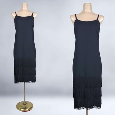 VINTAGE 80s 90s Black Fringe Hem Cocktail Slip Dress Sz 12 Flapper Style | 1980s 1990s Retro 20s Flapper Party Costume Dress | VFG 