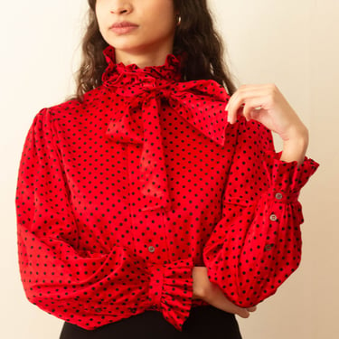 Late 1970s Turnbull & Asser Red Dotted Silk Blouse 