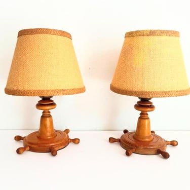 Wood Ship's Wheel Lamps & Shades, Pair 