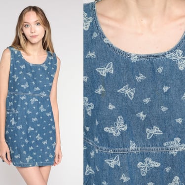 Denim Butterfly Dress Y2K Micro Mini Dress Blue Jean Babydoll Sleeveless Summer Day Dress Retro Girly Hippie Tunic Vintage 00s Small S 