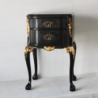 Louis XV Style Black Lacquered Nightstand End Side Table Gold Brass Decorative Details 