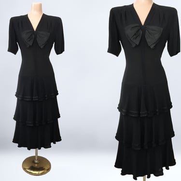 VINTAGE 40s Rayon Crepe Drop Waist Tiered Ruffled Dress by NY Dress Institute Larger Size | 1940s Cocktail Dress | 30s Deco Noir | VFG 
