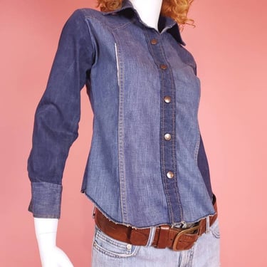 1970s vintage patchwork denim button-down shirt. Ding-Dongs by Bell Fashions. (Size S) 