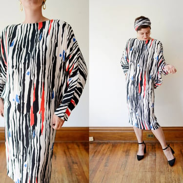 1980s Jackie Bernard Patterned Dress - M 