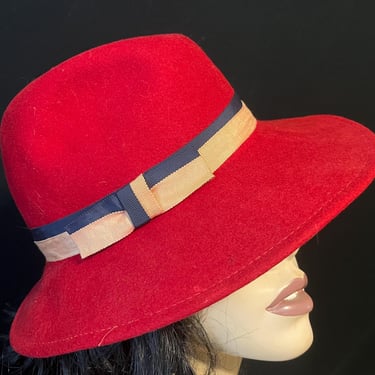 dark red felt fedora vintage 1970s ribbon detailed hat 