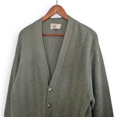 vintage cardigan / green cardigan / 1960s sage green wool knit stripe grandpa Kurt Cobain cardigan Large 