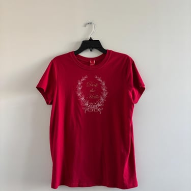 Women’s VTG Shirt Deck The Halls Red Cotton Short Sleeve XXL Christmas Grannycore 