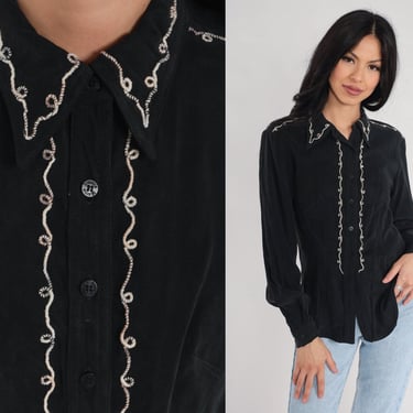 Y2K Blouse Black Soutache Trim Button Up Shirt Long Sleeve Vintage Fitted Plain Collared Shirt 00s Small 